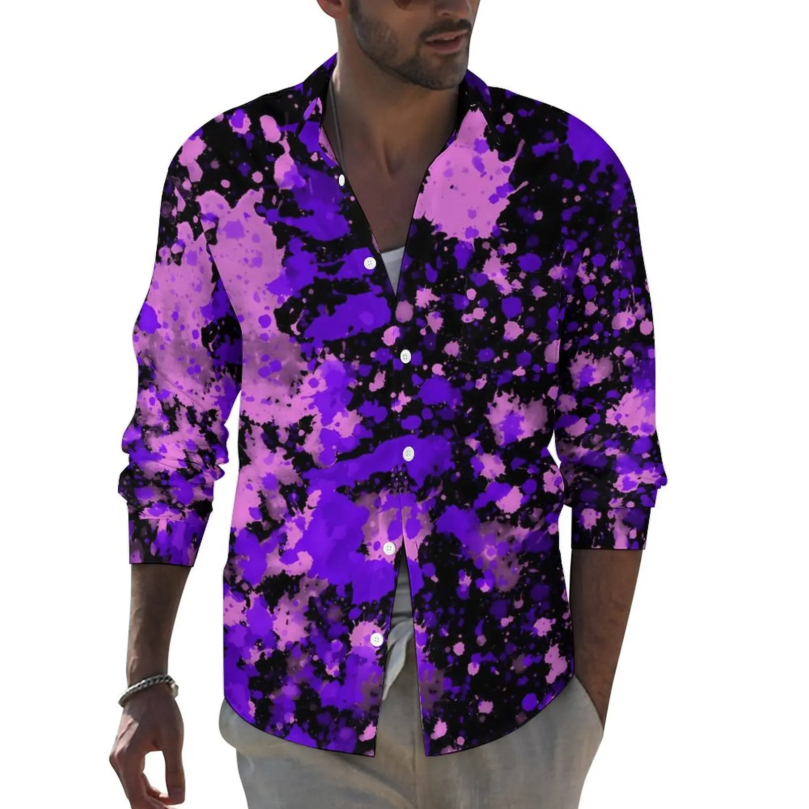 

Purple Paint Splatter Street Style Casual Shirt Abstract Print Shirt Autumn Fashion Blouses Long Sleeve Design Oversized Tops