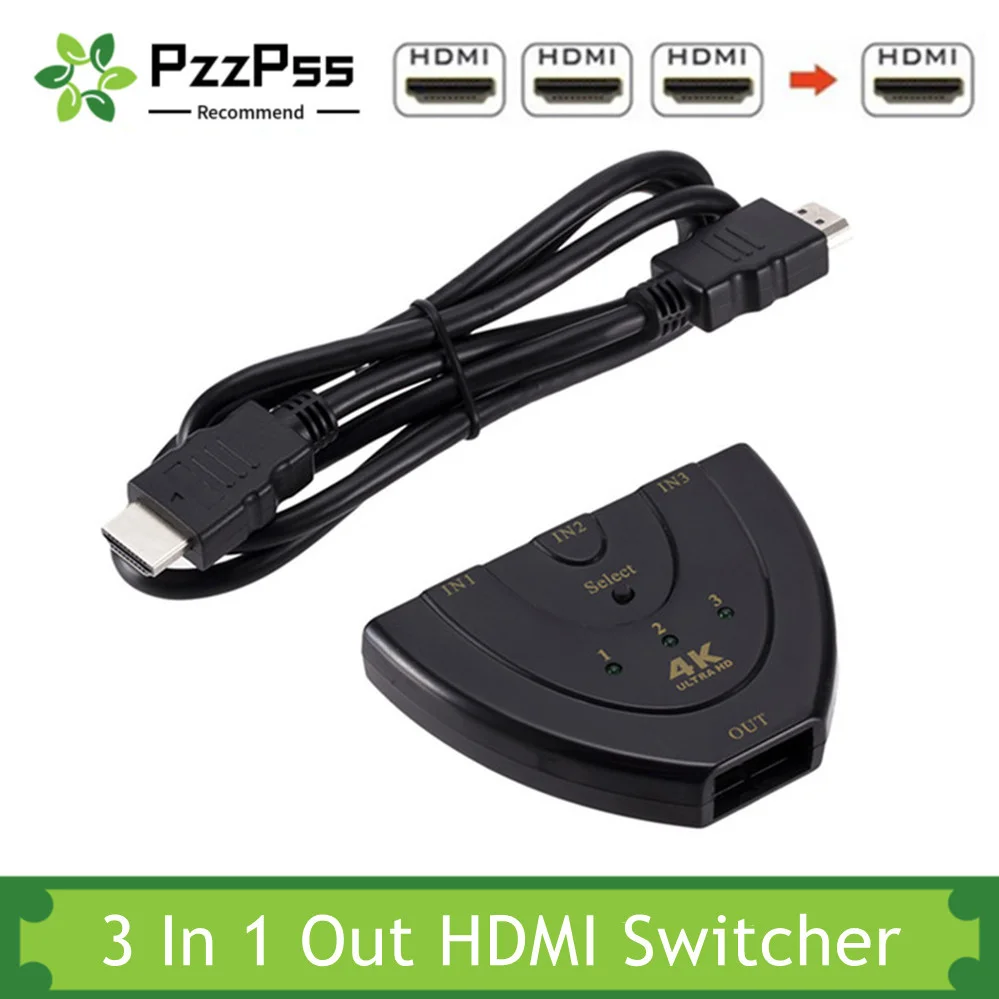 PzzPss 4K HDMI Switcher 4K*2K 3D Mini 3 Port HDMI Switch 4K Switcher HDMI Splitter 3 in 1 out Port Hub for DVD HDTV Monitor PC