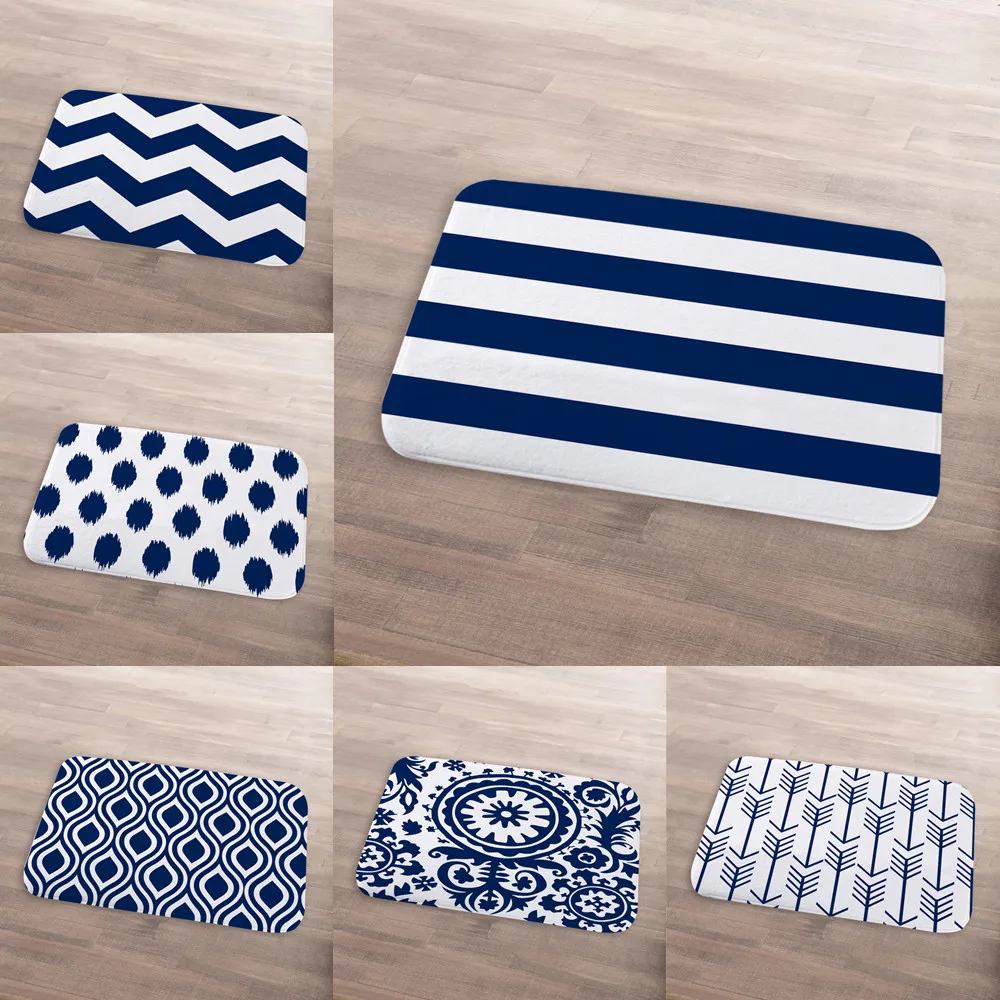 

Синие декоративные коврики для ванной, синие волнистые полоски, круглые цветы, большой нескользящий длинный коридор в гостиную, коврик и ко...