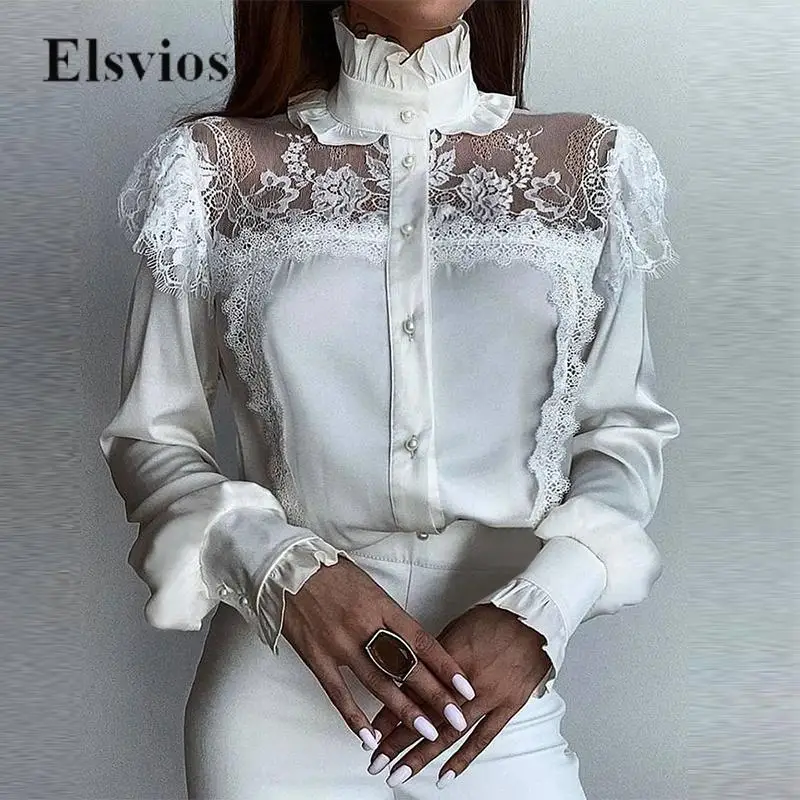 

Элегантная винтажная женская блузка с рюшами и высоким воротником, Повседневная модная Лоскутная Прозрачная сетчатая ажурная рубашка, пикантный Топ с длинным рукавом, блуза