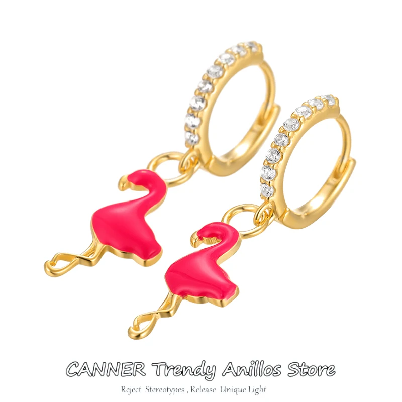 

CANNER Real 925 Sterling Silver Hot Flamingo Hoop Earrings for Women Girls Crystal Dangle Earrings Christmas Gift aretes Jewelry