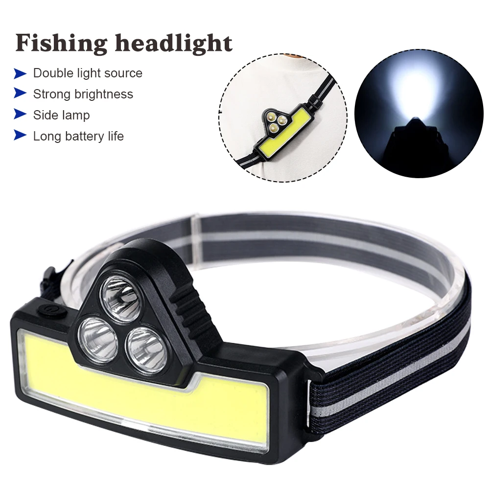 Мощный светодиодный налобный фонарь 3XPE + COB рыболовный с USB-зарядкой