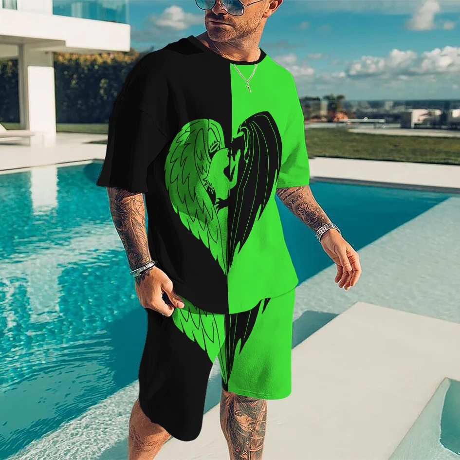 

Men Summer Shirt Sets Symmetrical Pattern Asymmetrical Color T-shirt Sets Breathable Shirt and Pants