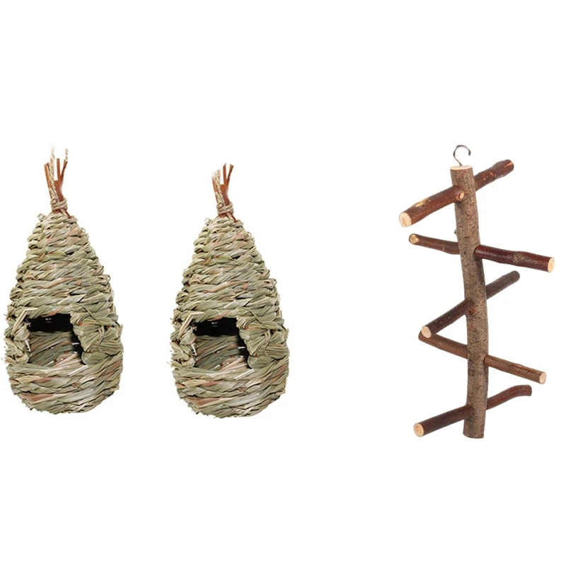 

2 Pack Grass Hut Bird House House Hand-Woven Pocket With Bird Perch Wood Bark Rotating Ladder Parrot Cage Stand Toy