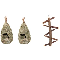 2 pack grass hut bird house house hand woven pocket with bird perch wood bark rotating ladder parrot cage stand toy