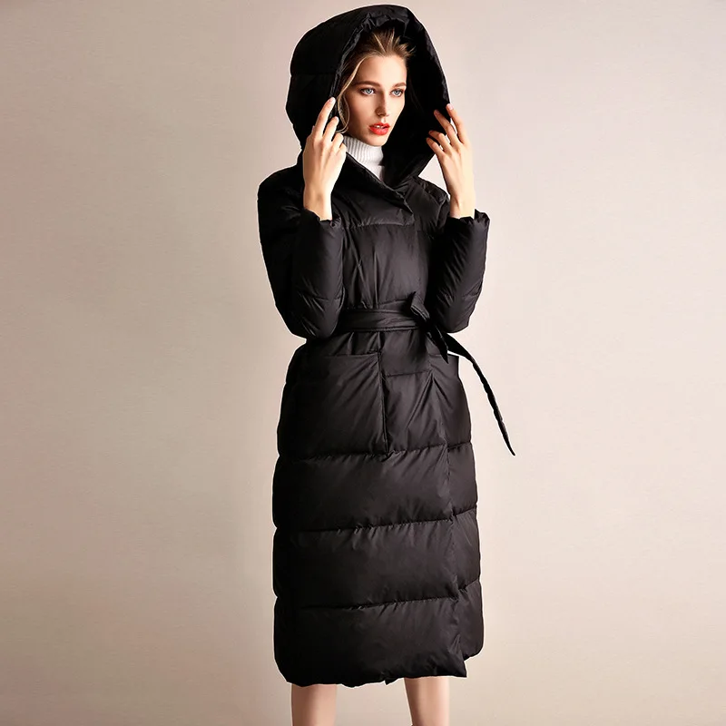 Women Down Jacket New Long Loose Thickened 90 White Duck Down Hooded Down Overcoat