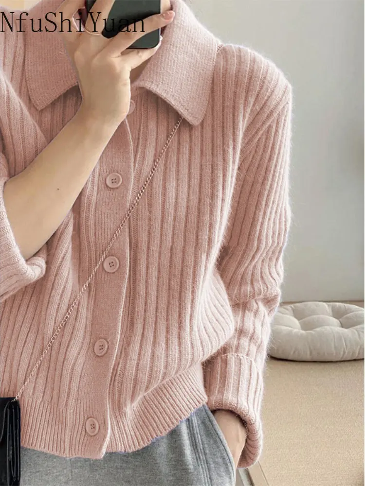 

New In Lapel Sweater Woman Winter 2022 Women's Lazy Knitting Polo Top Korean Fashion Knitted Cardigan Winter Clothes Women