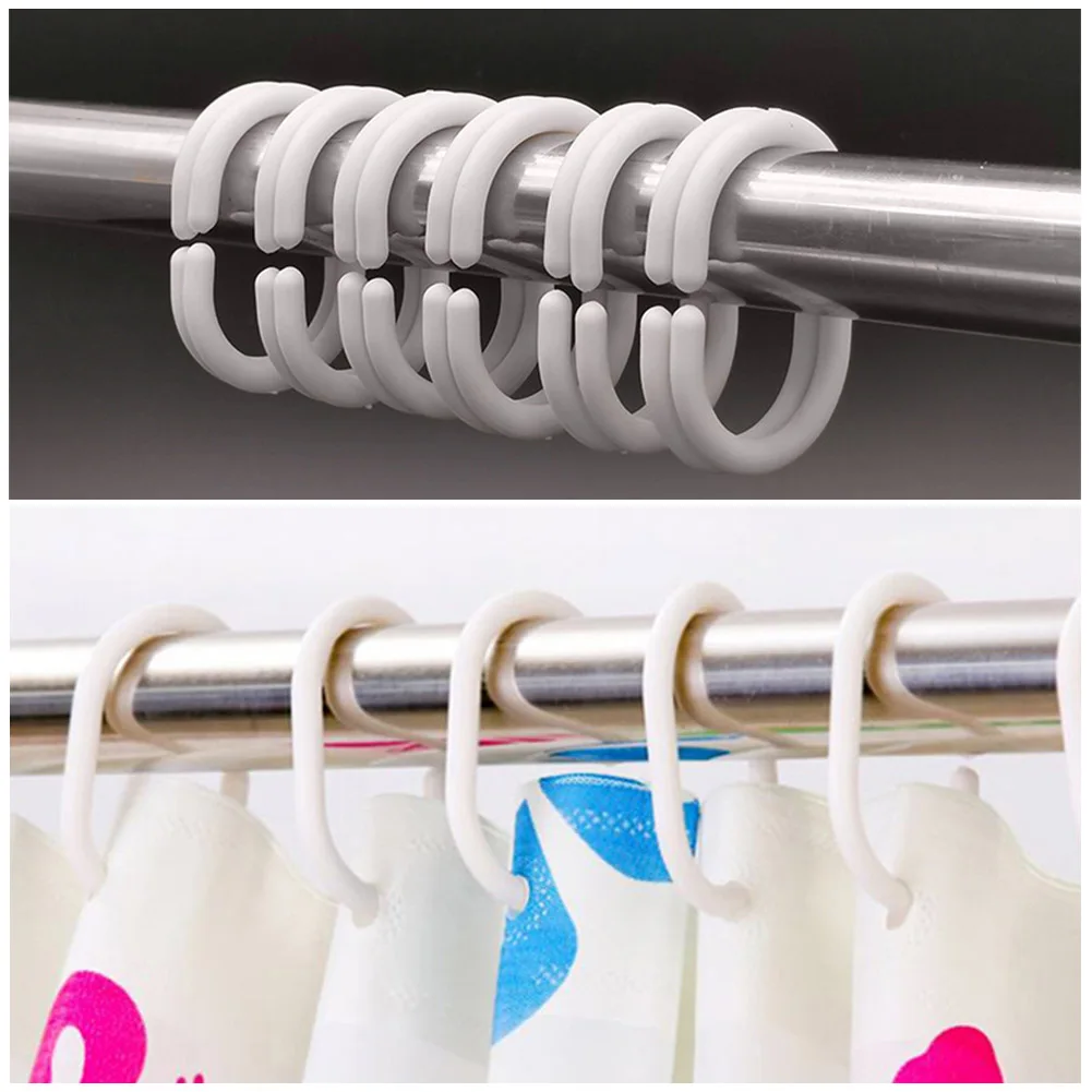 

White Shower Curtain Rings Hooks Bathroom Plastic Strong Pole Rail Guide Hanger C Shape Bath Drape Shower Ring Bathroom Hooks