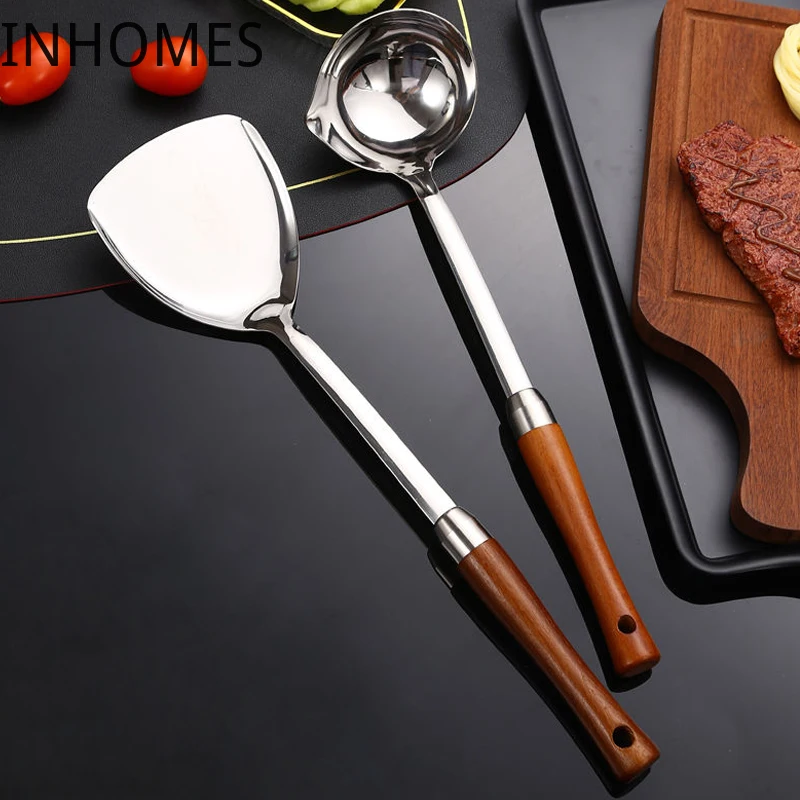 

Прямая поставка, лопатка из нержавеющей стали с деревянной ручкой, лопатка со шлицем, ложка для риса, ковш, кухонные инструменты для выпечки,...