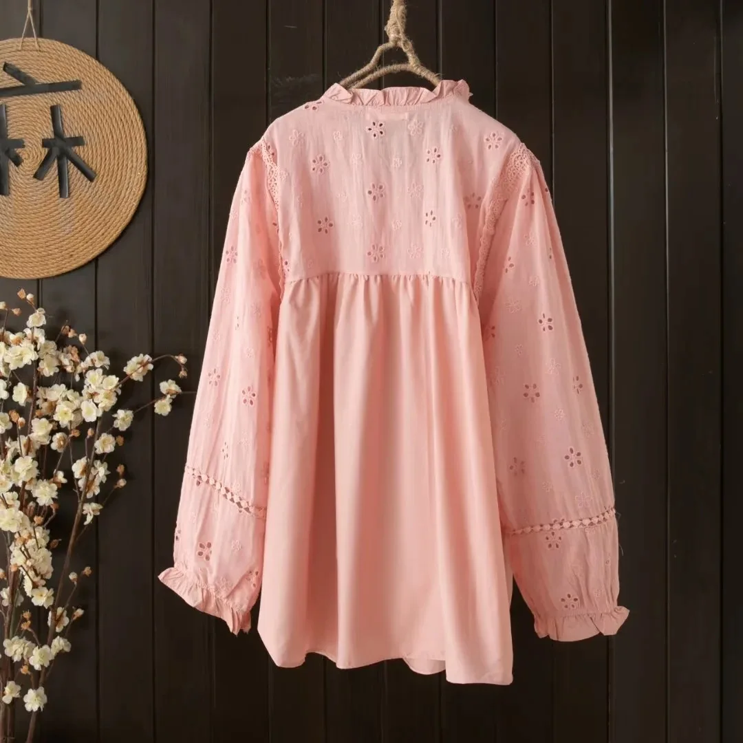 Новые осенние хлопковые однотонные рубашки со складками женские открытые топы с