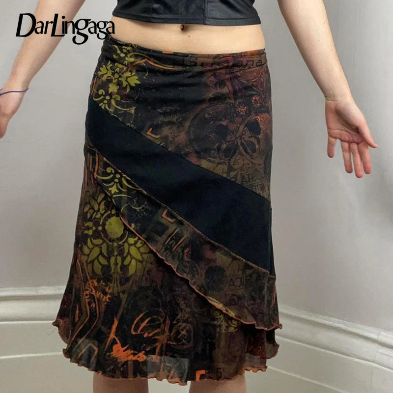 

Darlingaga Y2K Boho Grunge Fairycore Printing Mesh Skirt Frill Fold Vintage Aesthetic Irregular Summer Skirt Women Stitching New