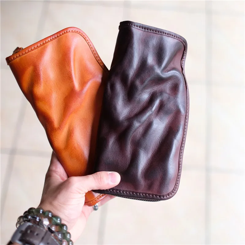 Vintage Italian Vegetable Tanned Leather Men's Long Wallet First Layer Cowhide Lether Large Capacity Retro Zipper Clutch