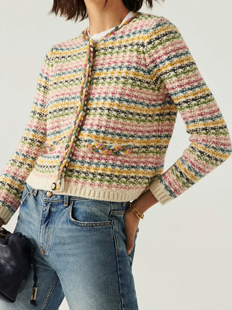 

Женский вязаный кардиган с длинным рукавом, однобортный вязаный кардиган с круглым вырезом, в стиле французской радуги, Осень-зима