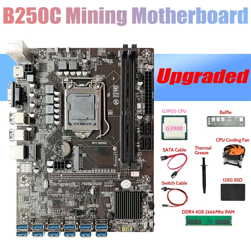 

B250C ETH Miner Motherboard 12USB+G3900 CPU+DDR4 4GB RAM+128G SSD+Fan+SATA Cable+Switch Cable+Thermal Grease+Baffle