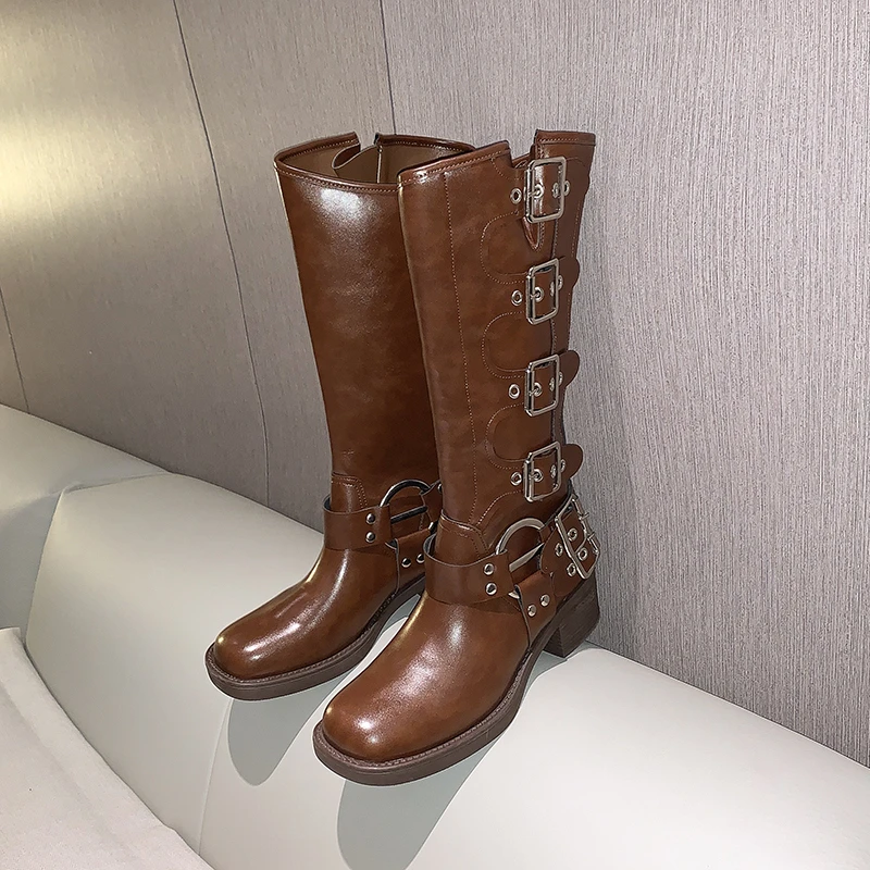 

Женские высокие сапоги до колена, коричневые ботильоны из натуральной кожи на массивном каблуке, с круглым носком и пряжкой, Зимние удобные ...