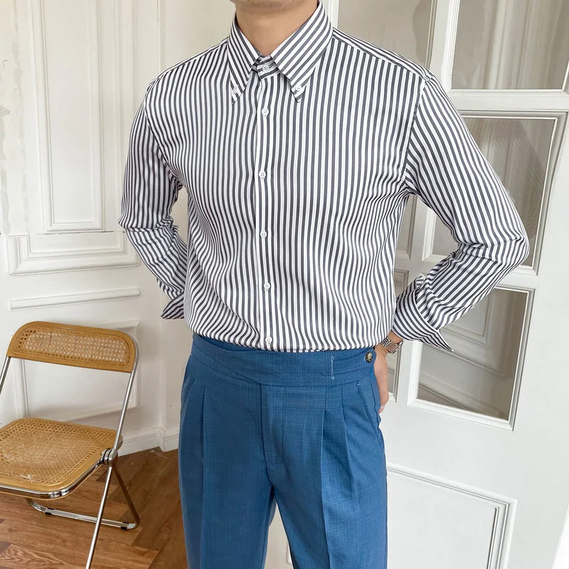 2022 Summer Classic Striped Shirts Men Long Sleeve Business Formal Dress Shirt High Quality Slim Casual Social Tops Men Clothing