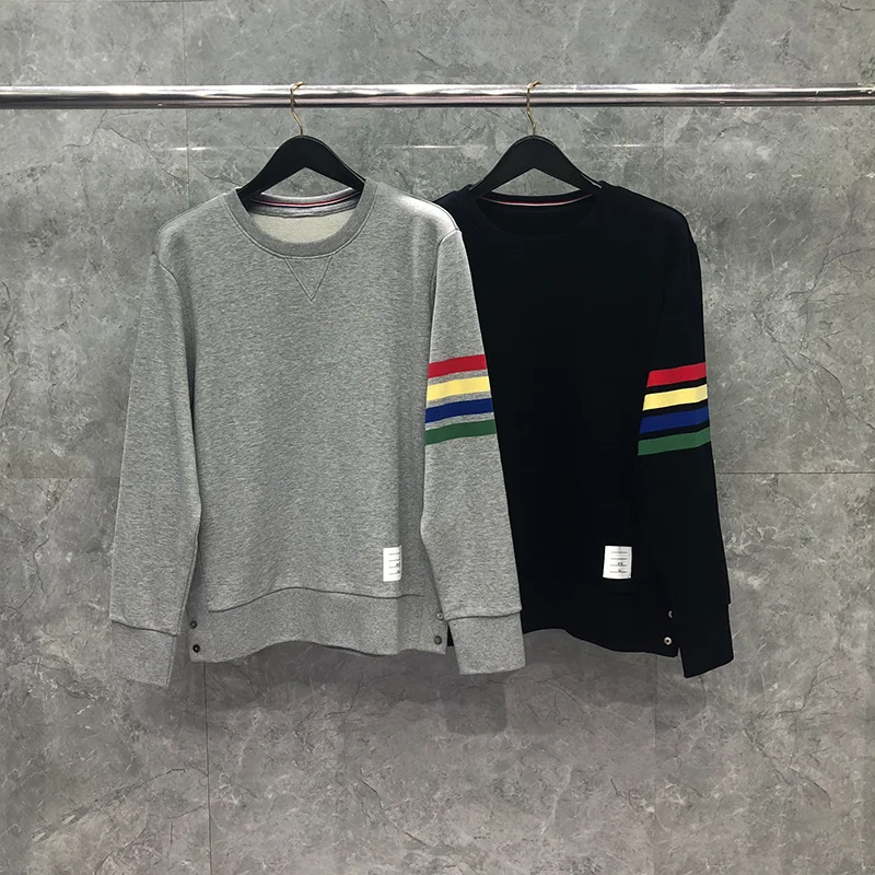 

Multicoloured Sweatshirts Men Pure Cotton 4-bar Stripe O-neck Luxury Brand Men's Pullovers Korean Style Loose Women's Jersey