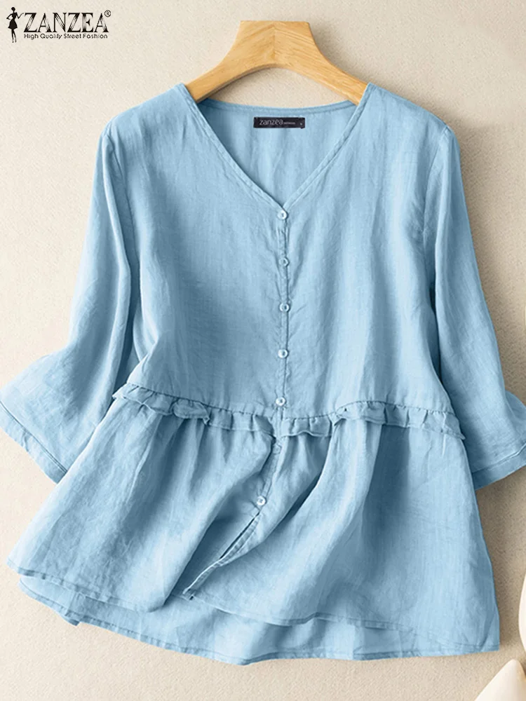 

ZANZEA Female V Neck Ruffles Shirt Summer Women Vintage 3/4 Sleeve Blouse Elegant OL Work Blusas Bohemian Causal Tunic Tops