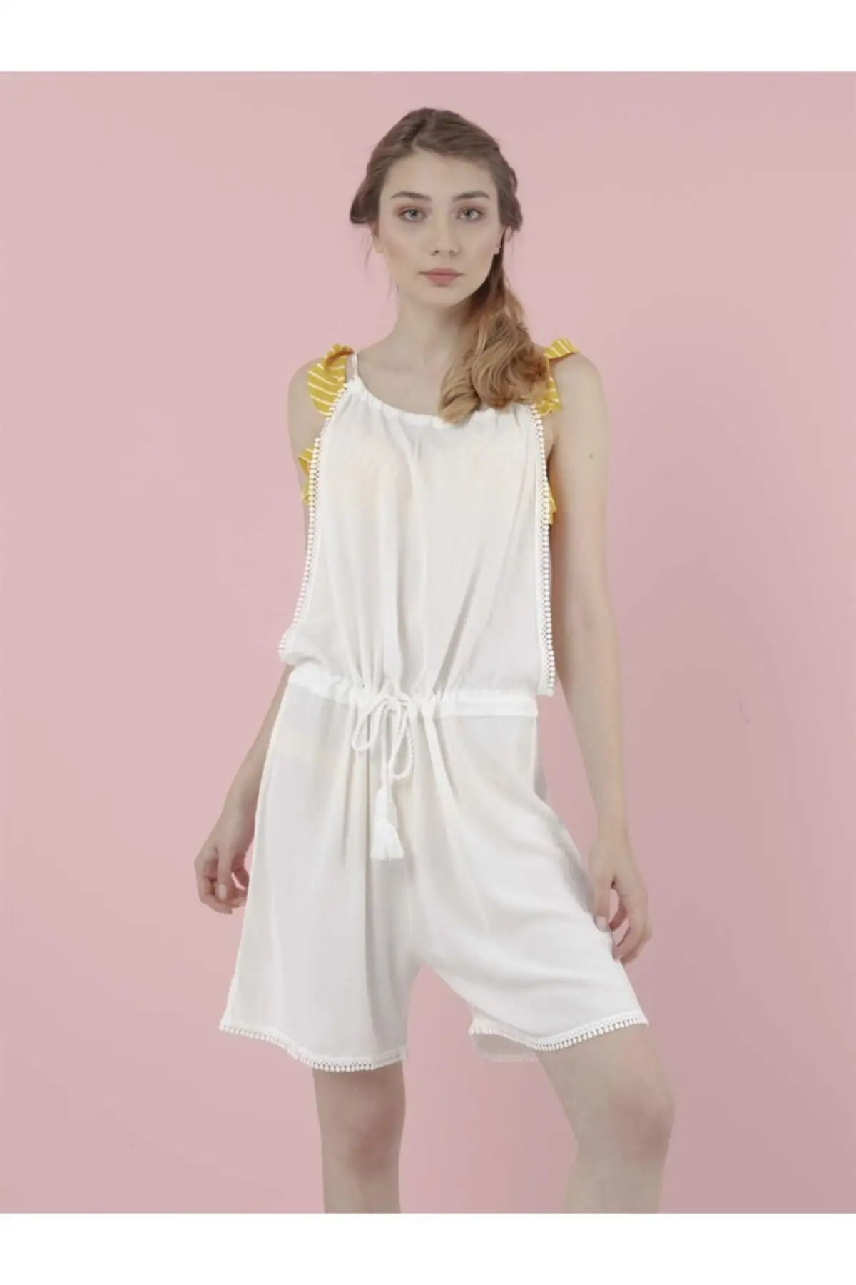 

Women's Pareo Pompom Detailed Halterneck Shorts Jumpsuit Swimwear Cover Up Dress Sexy Tunic Suit Beachwear