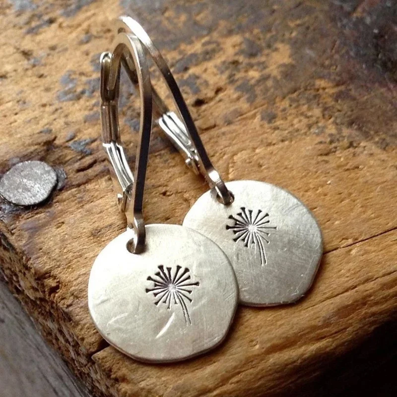 

Simple Round Dandelion Earrings for Women Vintage Silver Color Metal Geometry Carved Flower Dangle Earrings Jewelry