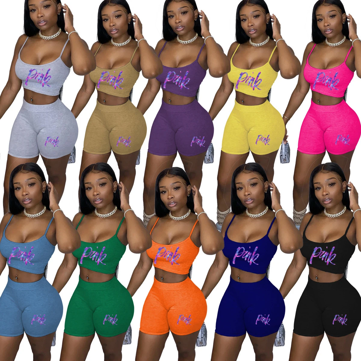 

2 PCS/Set Sexy Women Sleeveless Strap Bra Bustiers Tank Vest Crop Tops High Waist Shorts Pants Trousers Tracksuit Summer 2022