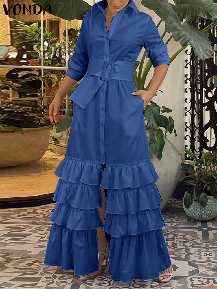 VONDA Autumn Shirt Dress 2022 Women Party Maxi Dresses Ladies Long Sleeve Solid Bohemian Vestidos Lapel Button Down Sundress