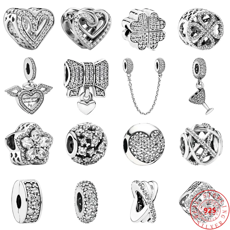 

925 Silver Wings Clover Snowflake Bows Clear Zircon Pave Sparkling Hearts Beads Fit Original Pandora Charms Bracelet DIY Jewelry