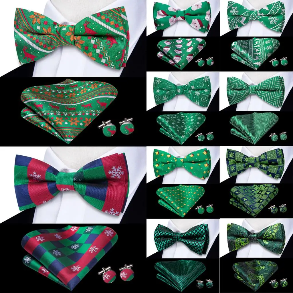

Hi-Tie Green Red Silk Mens Christmas Bow Tie Hanky Cufflinks Set Jacquard Floral Pre Tied Butterfly Bowtie for Male Wedding Xmas