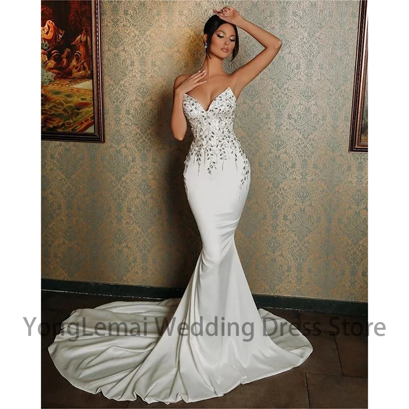 

Sweetheart Crystal Beaded Lace Boho Backless Women White Wedding Gowns Elegant Sleeveless Mermaid Bridal Dresses Vestidos 2023