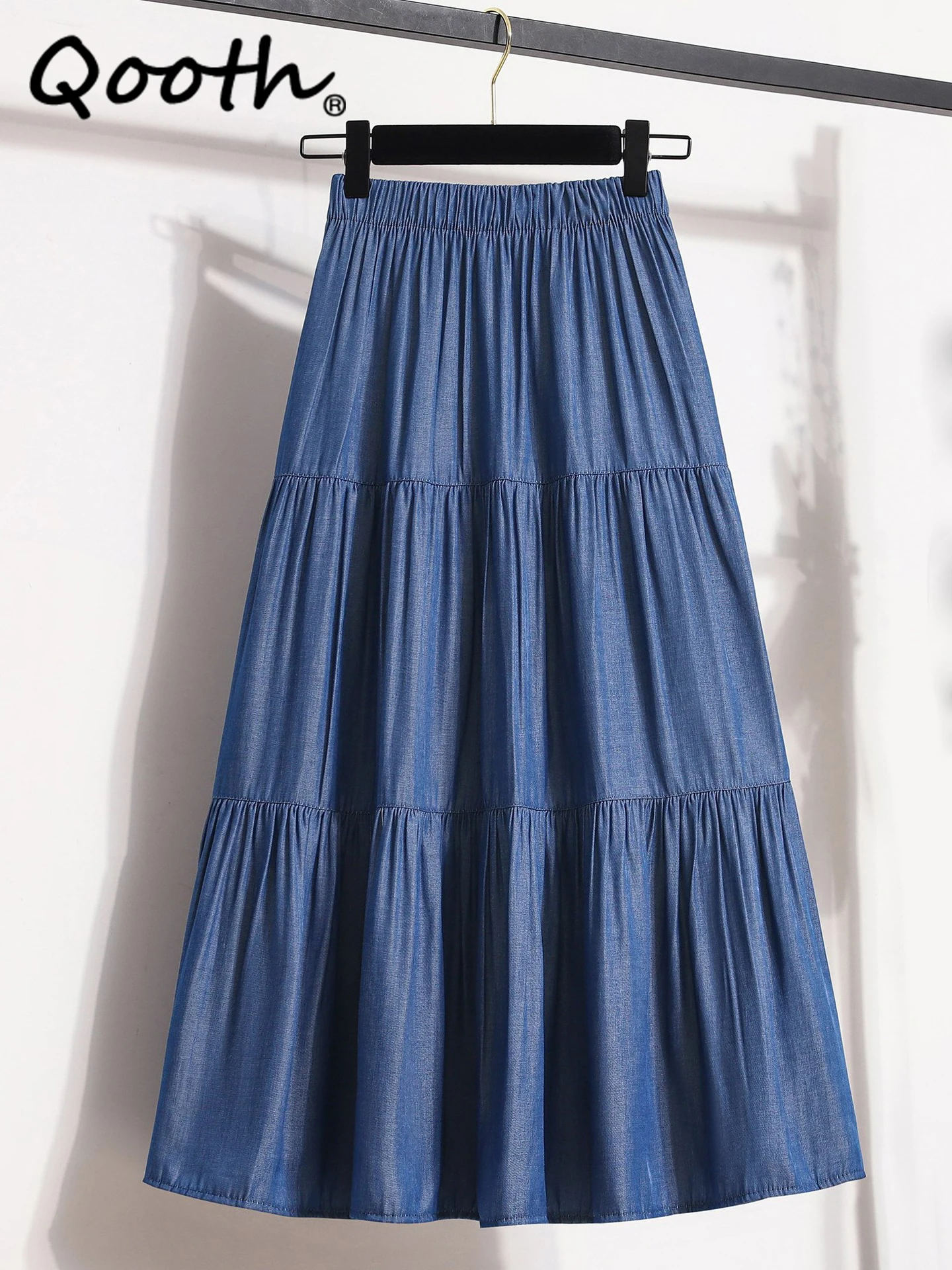 

Qooth Women Patchwork Denim Color Pleated Skirt Elegant Elastic Waist Silk Long A-line Skirt For Spring Summer QT2158