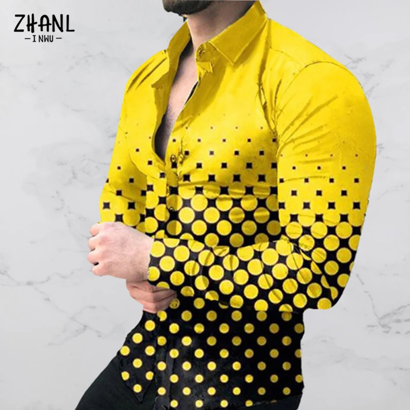 

New Men's Shirt Long Sleeve Tees Tops Gradient Color Yellow Polka Dot Print Shirt Extra Single Shirt For Men Clothing S-3XL 2021