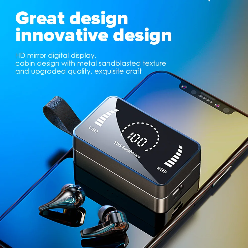 

TWS Wireless Bluetooth Headphones HD Mirror Screen LED Display Earphones 9D HIFI Stereo Earbud Headset with 3500mAh Charging Box
