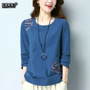 Blue O-neck Slim Long Sleeved T-shirts Fashion Casual Straight Spring Autumn Patchwork Pockets Solid