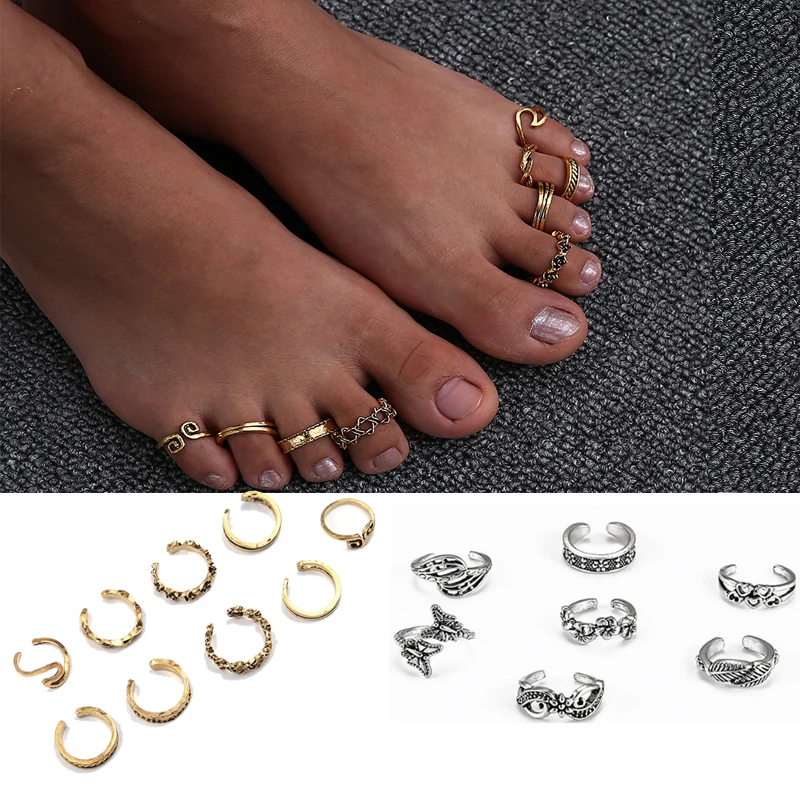 4/7/9 Pieces/Set Summer Beach Foot Rings for Women Adjustable Boho Toe Rings Star Moon Wave Smiley Pattern Foot Jewelry Set Gift