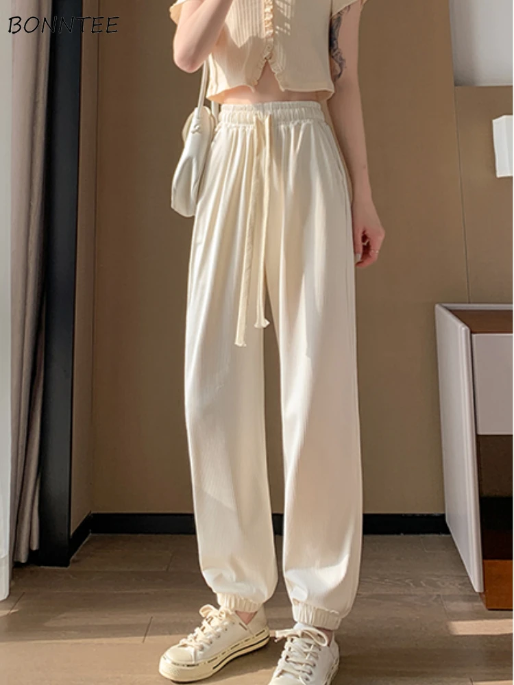 

Casual Pants Women Summer Solid Drawstring Ankle-Length Ulzzang Fashion Thin Cozy Loose High Waist All-match Korean Style Chic