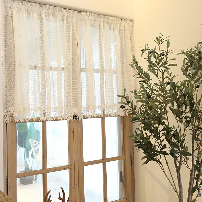 

European American Short Tulle Curtains For Kitchen White Sheer Lace Home Bedroom Window Decor Panel Half Drapes 1Pice Curtains