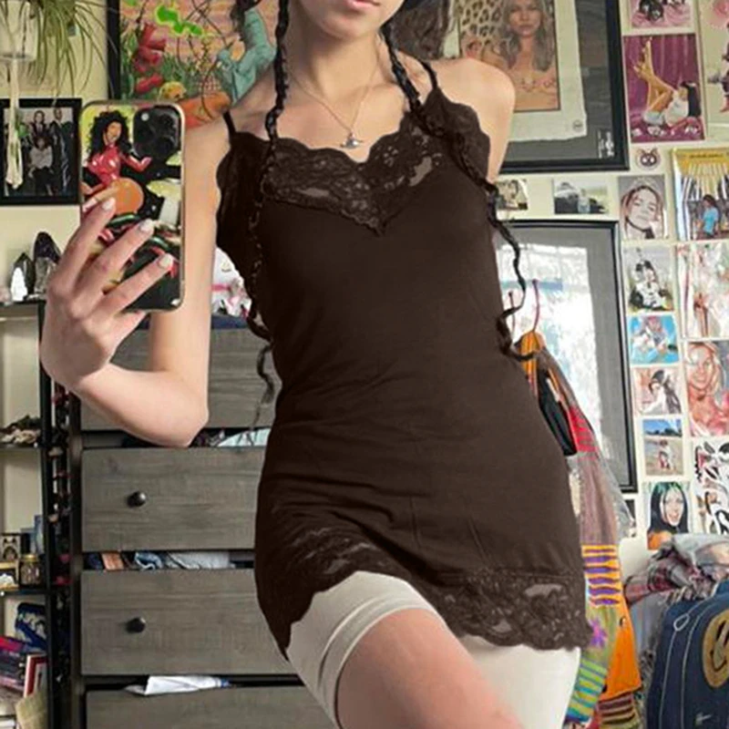 

Vintage Brown Lace Patchwork Mini Dress Y2K Fairycore Grunge Skinny Wrap Bodycon Camisole Harajuku Sleeveless Long Vest Women