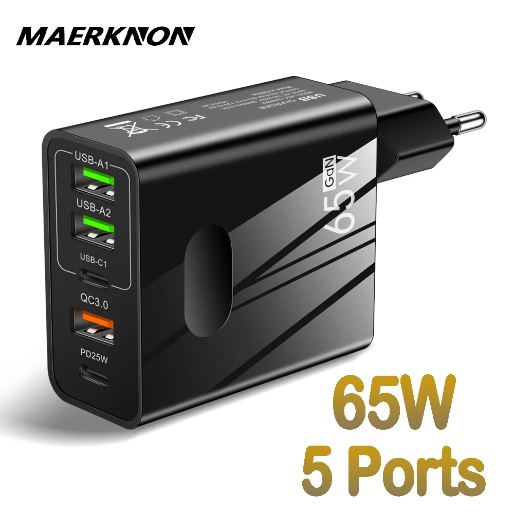 GaN 65W Charger 5 Port PD 25W Fast Charging Wall Charger For iPhone Samsung Xiaomi Huawei Quick Charge 3.0 Mobile Phone Adapter