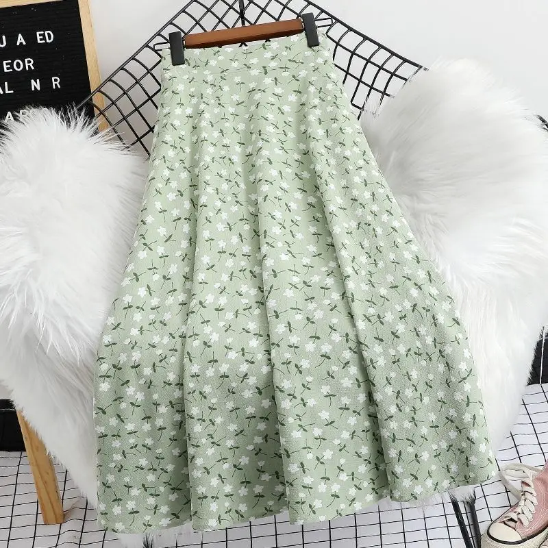 

Женская длинная юбка с высокой талией, элегантная винтажная шифоновая трапециевидная юбка в Корейском стиле с цветочным принтом, черного, синего и зеленого цветов, на лето