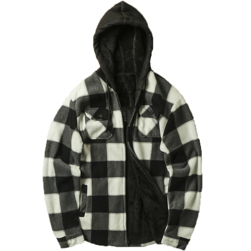 Men Camp Night Berber Lined Hooded Flannel Shirt Jacket Outdoor Thermal Casual Laid Button Up Jacket