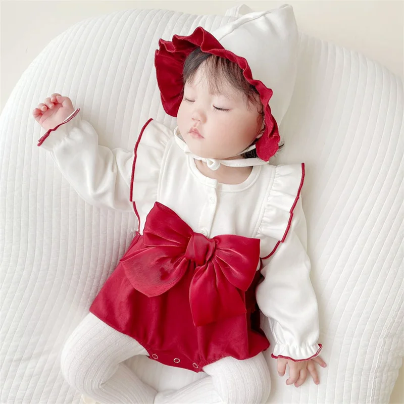 

2023 Spring Baby Girls Clothes Fashion Sets 0 to 12 Months Newborn Boys Clothing Claret Costume Romper For Babies Accessories