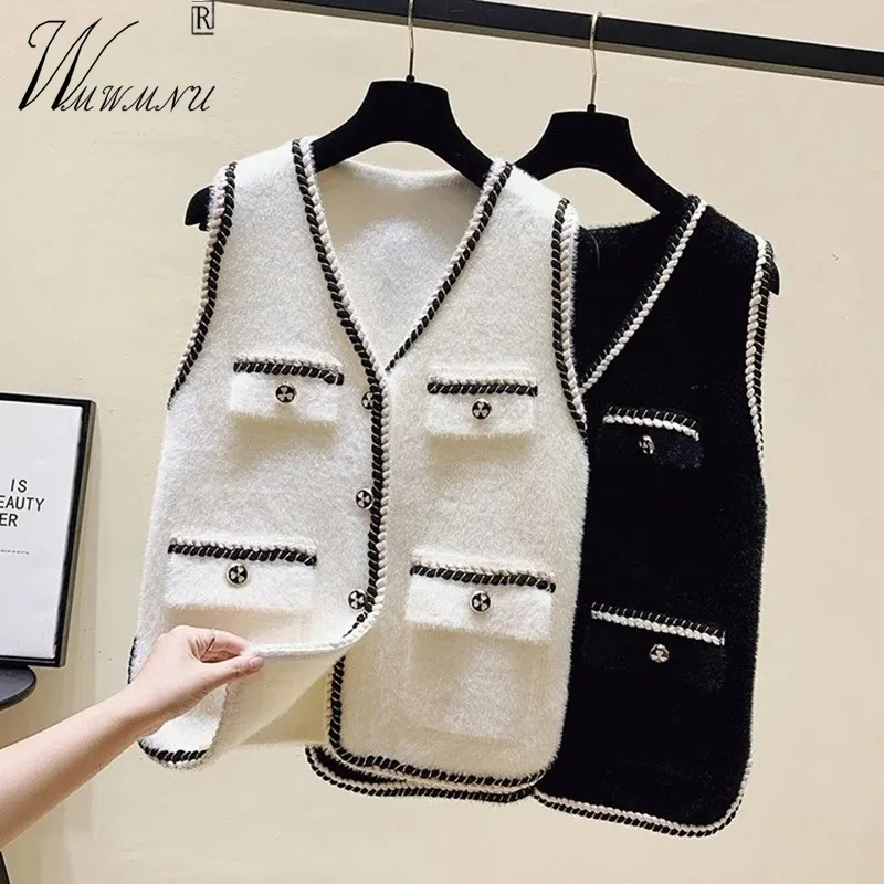 

2022 Fall Thick Warm V-Neck Women Vests Office Lady Chic Formal Faux Mink Wool Waistcoat Korean Fashion Loose Sleeveless Coats