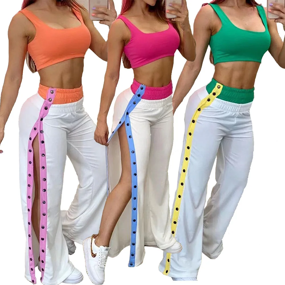 

Sexy High Split Long Pants Sets Summer 2 Pieces Tracksuit Sets Women Tank Crop Top and Metal Buttons Wide Leg Long Pants Outfits