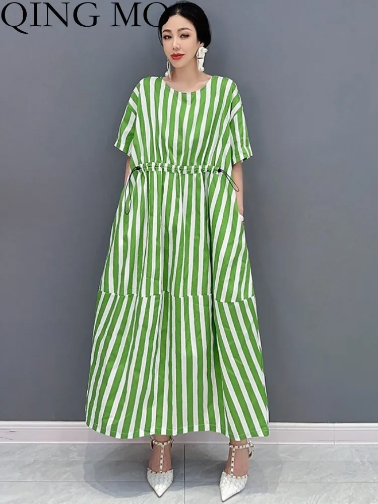 

QING MO 2023 Summer New Black Green Casual Stripe Color Matching Slim Dress Fashion Women Short Sleeve Dress ZXF2976