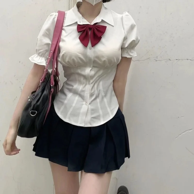 Deeptown Sexy White Women Blouses Tunics Korean Fashion Shirt Chic Harajuku Preppy Elegant Female Japanese Style Casual JK Slim