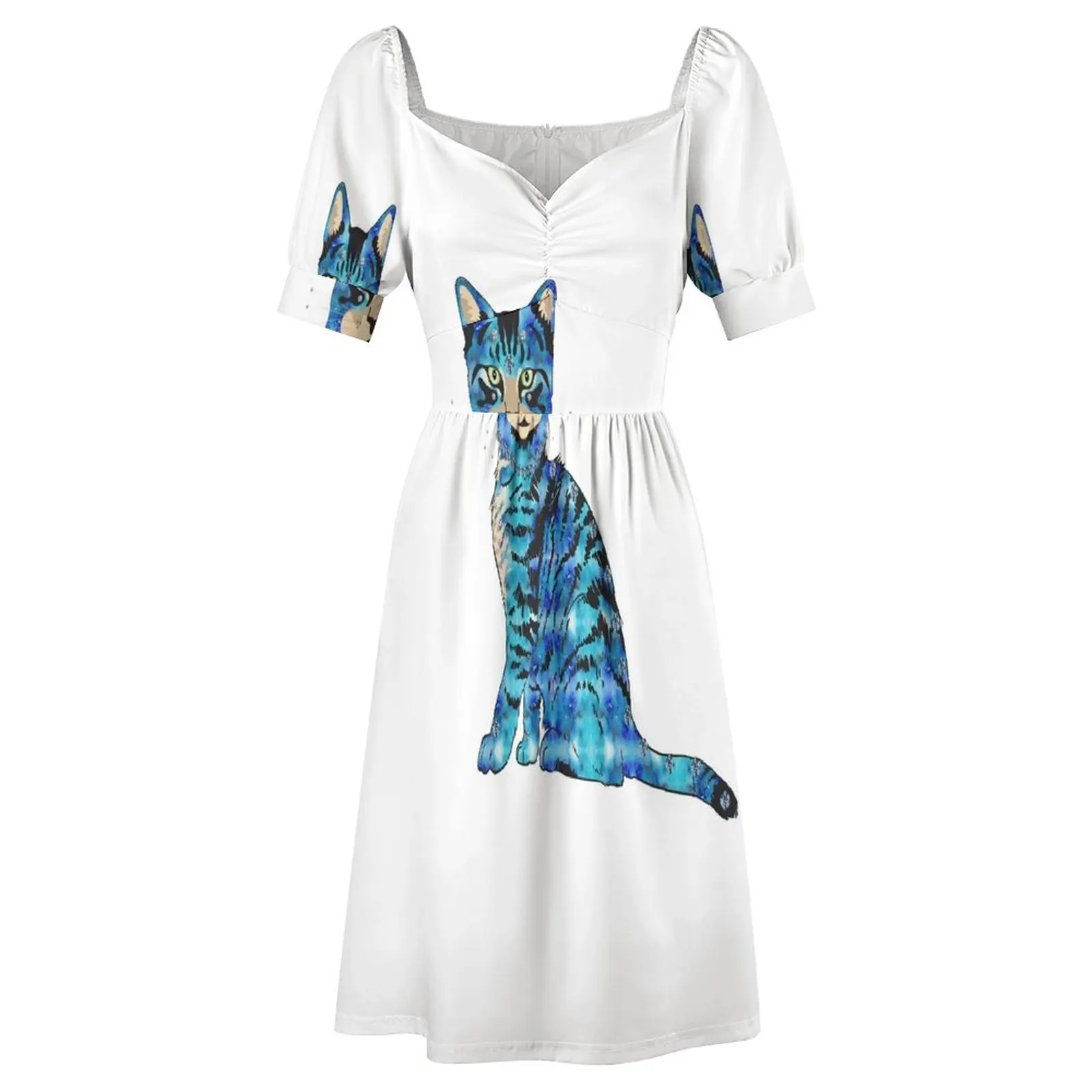 Платье женское летнее без рукавов с рисунком диско-кота