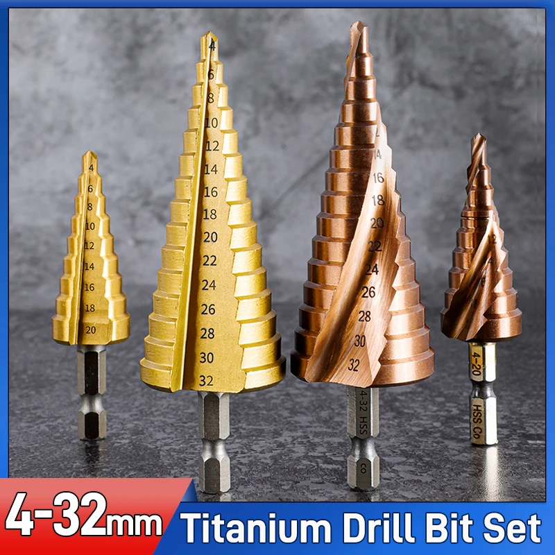 

SUOSOK HSS Step Drill Bit, Spiral and Straight Groove Titanium Coated Wood Metal Hole Cutter Core Drilling Tools 4-32