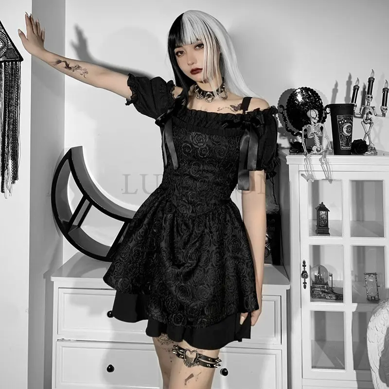 

Vintage Black Women Party Dresses Japanese Gothic Lolita Sweet Bow Lace-Up Sleeveless Slim Mini Dresses
