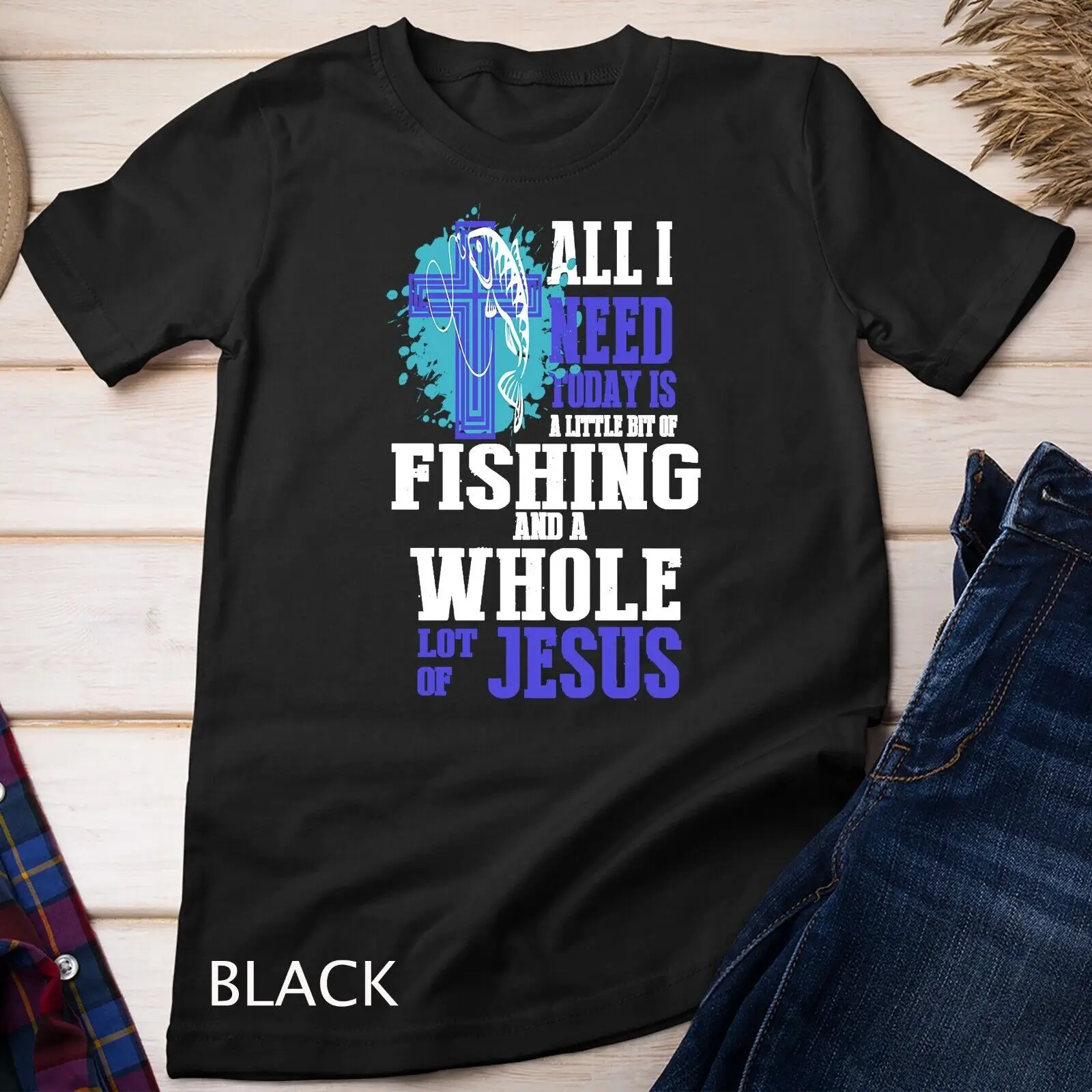 Все что мне нужно это футболка унисекс с изображением рыбалки и Иисуса