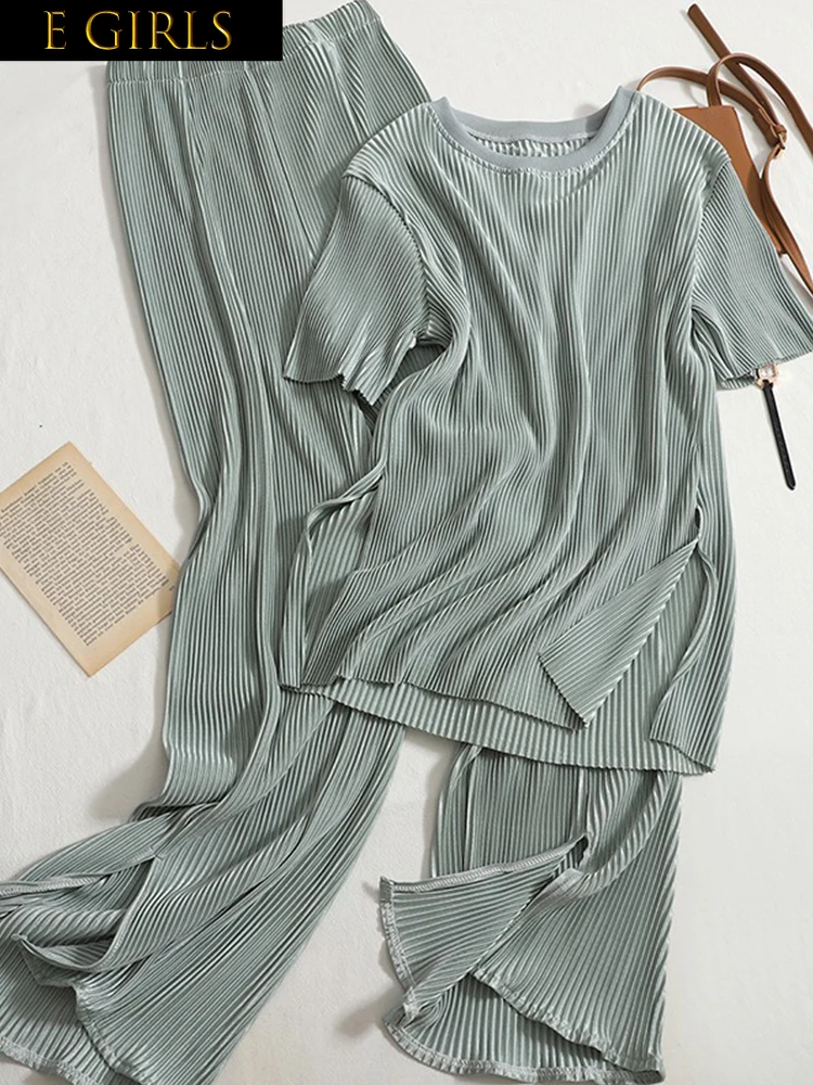 

F GIRLS Casual Knitted Pants Suit Female Dos Conjuntos De Mujer 2023 Summer Elegant O-Neck Sweater+Split Wide-Leg Trousers 2-Pie